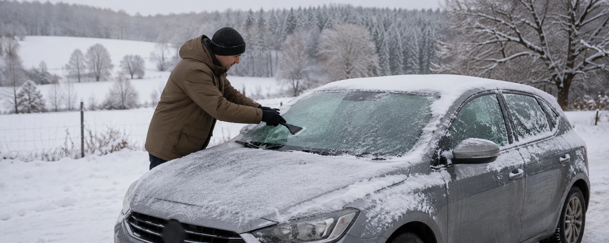 Ein Mann kratzt bei winterlichen Bedingungen die Frontscheibe seines Autos frei.