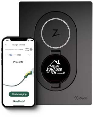 Eine schwarze E-Auto-Ladestation mit Z-Logo und rundem Display, daneben ein Smartphone mit Lade-App und Preisanzeige für die Ladevorgangsverwaltung.