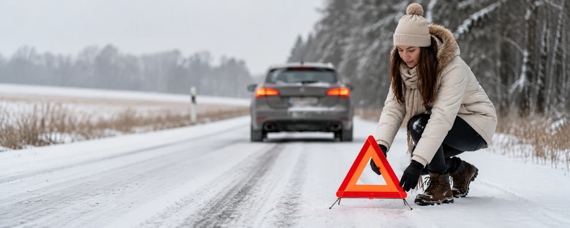 Eine Frau stellt auf einer verschneiten Straße im Winter ein Warndreieck auf.