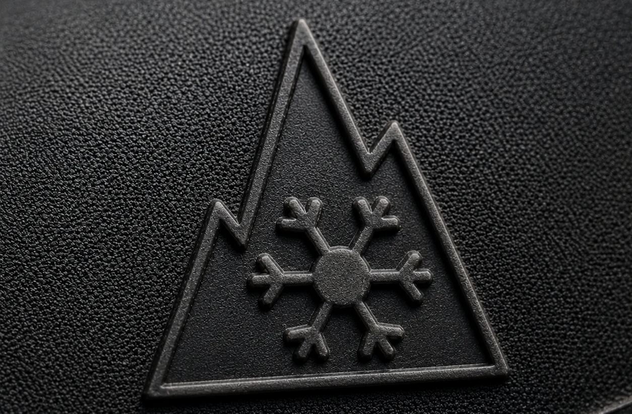 Das Alpine-Symbol auf einem Winterreifen als Makroaufnahme.